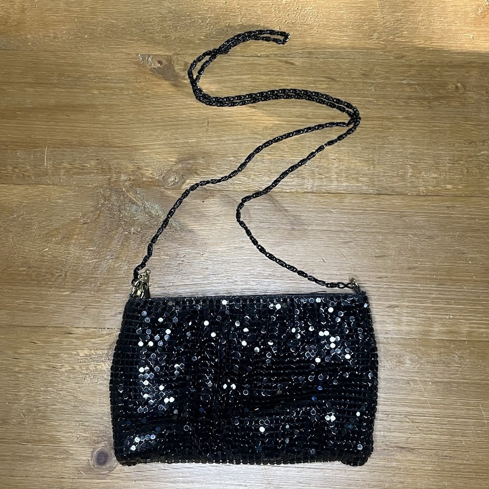 Y&S Original Black Sequin Beaded Shoulder Bag Evening Purse Chain Strap Clutch